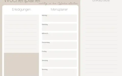 Ein Wochenplaner mit Einkaufsliste und Menüplaner für zwei Personen. Hier wird der wochenplan essen für die ganze Familie geplant.
