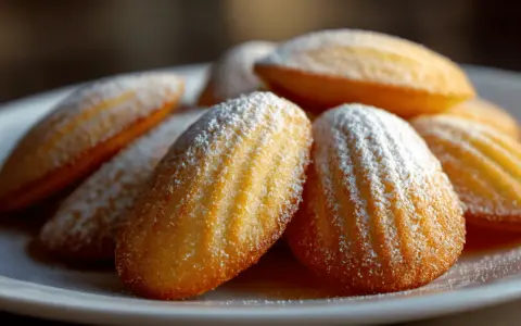 Ein Haufen goldbrauner Madeleines, bestäubt mit Puderzucker. Diese sehen aus wie die besten Madeleines, die man je probiert hat.