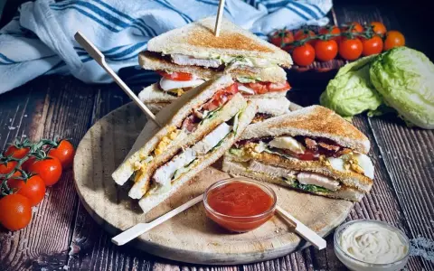 Ein gestapelter Club Sandwich mit Hühnchen, Speck, Ei und Tomaten, serviert mit Ketchup und Mayonnaise.