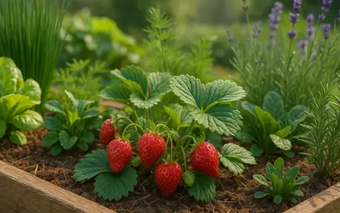 Reife Erdbeeren im Beet, umgeben von Salat, Kräutern und Lavendel. Was passt zu Erdbeeren? Vieles, aber am besten schmecken sie frisch vom Feld!