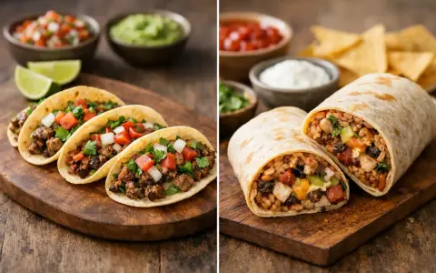 Links: Tacos mit Hackfleisch, Tomaten, Zwiebeln und Koriander. Rechts: Ein Burrito, gefüllt mit Reis, Bohnen und Fleisch. Der fajitas burrito unterschied ist klar.