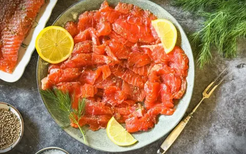 Frisch gebeizter Lachs auf einem Teller, garniert mit Zitronenscheiben und Dill. Daneben eine Schale mit Koriandersamen.