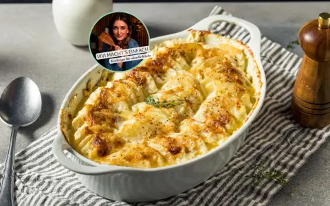 Herzhaftes Kartoffelgratin aus rohen Kartoffeln, goldbraun gebacken. Perfekt für schnelle Küche, wie Vivi zeigt.