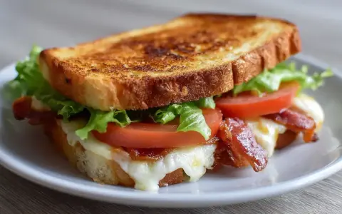 Knuspriges Sandwich im Airfryer mit geschmolzenem Käse, knackigem Speck, frischem Salat und Tomaten. Perfekt für eine schnelle Mahlzeit!