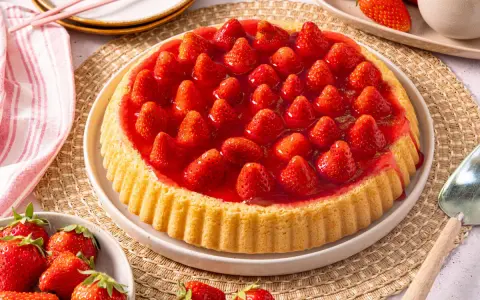 Ein köstlicher Erdbeerkuchen mit einem goldbraunen Boden, bedeckt mit frischen Erdbeeren und Gelee. Perfekt für ein Erdbeerboden Rezept!