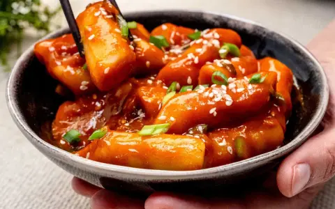 Tteokbokki in einer Schüssel, garniert mit Frühlingszwiebeln und Sesam. Diese tollen Rezepte sind ein Genuss!