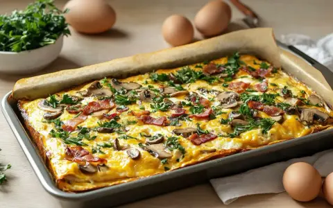Herzhaftes Omelett auf dem Backblech mit Pilzen, Speck und Petersilie. Ein köstliches Gericht, das Lust auf mehr macht.