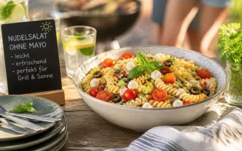 Leckerer Nudelsalat ohne Mayo mit Tomaten, Mozzarella und Oliven. Perfekt für Grill & Sonne!