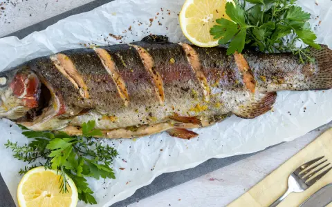 Saftige Lachsforelle im Backofen, garniert mit Zitrone und frischen Kräutern. Ein Genuss für Gaumen und Augen.