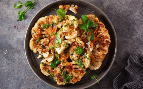 Geröstete blumenkohlscheiben im backofen, beträufelt mit grüner Soße und garniert mit Koriander.