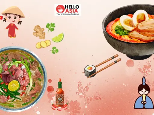 Unterschied Pho und Ramen: Eine Schüssel Pho mit Rindfleisch und Limette neben einer Schüssel Ramen mit Schweinefleisch und Ei.