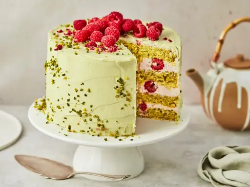 Himbeer-Pistazien-Torte mit frischen Beeren und grüner Creme, ein köstlicher Genuss.