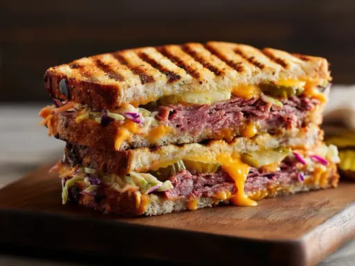 Ein saftiges Pastrami-Sandwich mit geschmolzenem Käse, knackigem Krautsalat und Gurkenscheiben auf geröstetem Brot.