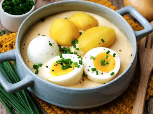 Senfeier rezept: Herzhaftes Gericht mit pochierten Eiern, Kartoffeln und cremiger Senfsauce, garniert mit Schnittlauch.