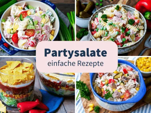 Die besten Salate zur Party: Cremige Nudel- und Kartoffelsalate, ein Schichtsalat mit Tortilla-Chips und ein herzhafter Reis-Salat. Einfache Rezepte für jeden Anlass.