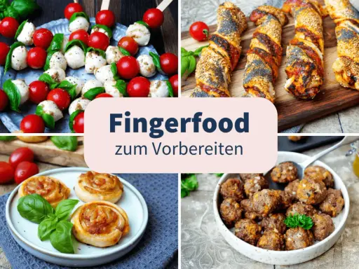 Vier Arten von schnellem Fingerfood: Caprese-Spieße, herzhafte Teigschnecken, Hackbällchen und Blätterteigstangen mit Mohn und Sesam.