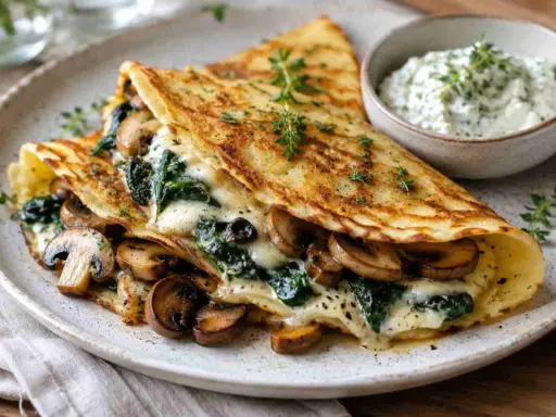 Herzhafte Pfannkuchen gefüllt mit Pilzen und Spinat, überbacken mit Käse, serviert mit Kräuterquark.
