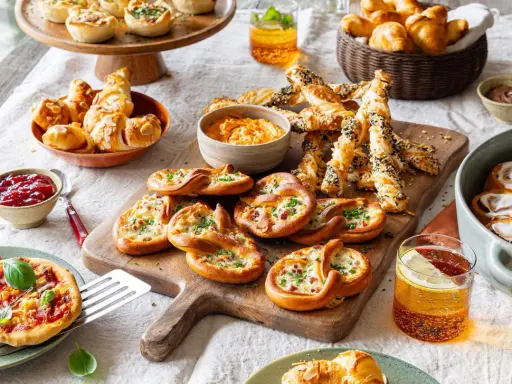 Herzhafte Snacks: Brezeln mit Käse und Speck, Mini-Pizzen, Blätterteigstangen und kleine Quiches laden zum Genießen ein.