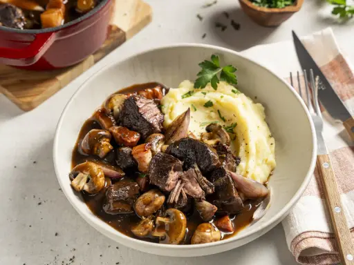 Boeuf Bourguignon mit cremigem Kartoffelpüree als Beilage, garniert mit Petersilie. Ein Festmahl!
