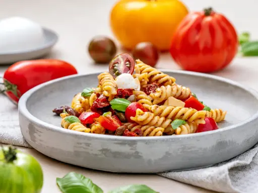 Ein köstlicher italienischer Nudelsalat mit Fusilli, Tomaten, Mozzarella und Basilikum auf einem grauen Teller, umgeben von frischen Tomaten.