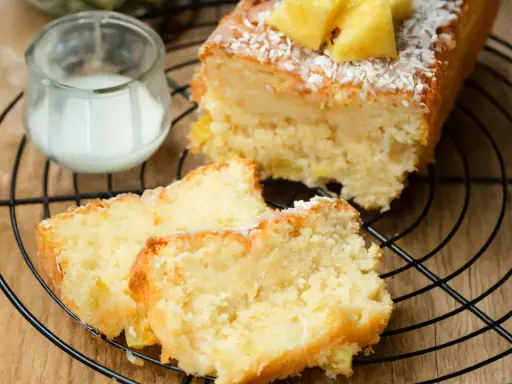 Saftiger ananas kokos kuchen mit frischer Ananas und Kokosraspeln, serviert auf einem Gitter mit einem Glas Milch.