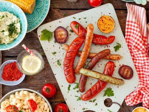 Würstchen, Maiskolben, Nudelsalat und Kräuterbutter – alles für ein perfektes Grill-Beilagen-Festmahl.
