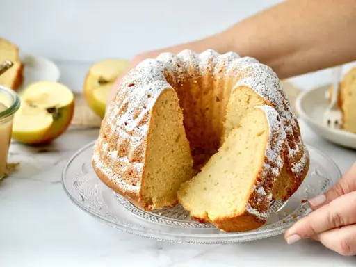 Ein saftiger Kuchen mit Apfelmus, bestäubt mit Puderzucker. Daneben liegen Äpfel und ein Glas Apfelmus.