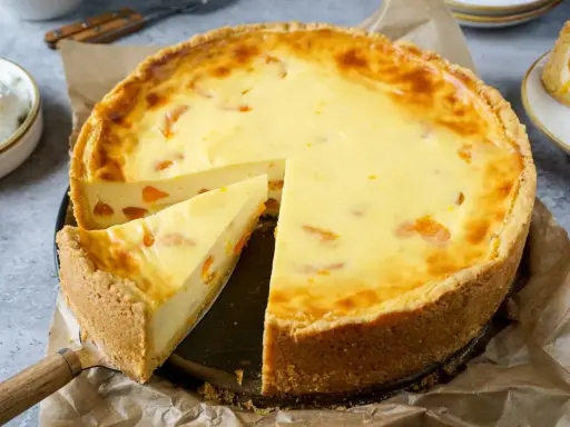 Ein saftiger Mandarinen Schmand Kuchen mit einem knusprigen Boden und cremiger Füllung, ein Stück wurde bereits herausgeschnitten.