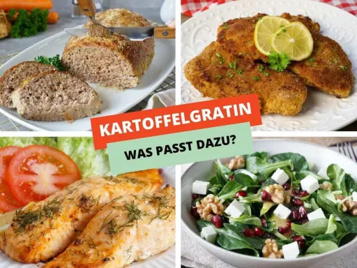 Vier Gerichte als Hauptspeise zu Kartoffelgratin: Hackbraten, Schnitzel, Lachs und ein Salat.
