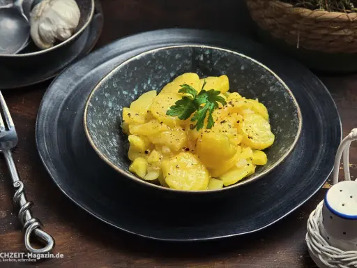 Ein köstlicher Kartoffelsalat, perfekt für jedes Kartoffelsalat Rezept. Mit frischer Petersilie garniert, wartet er darauf, genossen zu werden.