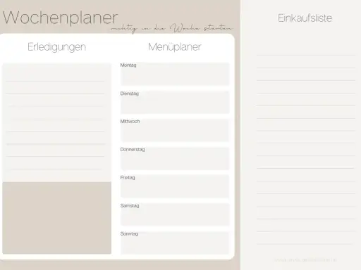 Ein Wochenplaner mit Einkaufsliste und Menüplaner für zwei Personen. Hier wird der wochenplan essen für die ganze Familie geplant.