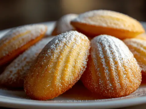 Ein Haufen goldbrauner Madeleines, bestäubt mit Puderzucker. Diese sehen aus wie die besten Madeleines, die man je probiert hat.