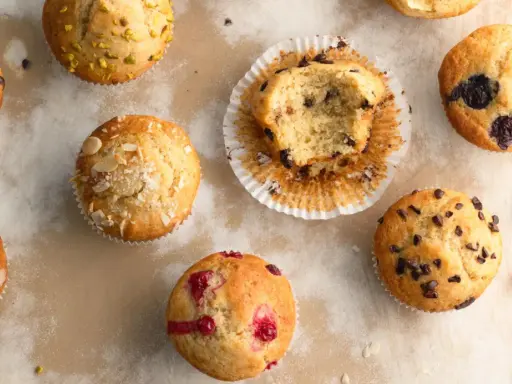 Verschiedene Muffins, darunter Schoko- und Blaubeermuffins. Ein Muffin ist angeknabbert. Die Frage "wie lange muffins backen" wird hier visuell beantwortet: Sie sind perfekt goldbraun.