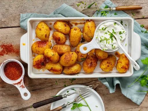 Herzhafte Kartoffeln aus dem Ofen mit Kräuterquark – ein tolles Gericht für Rezepte mit Kartoffeln als Hauptspeise.