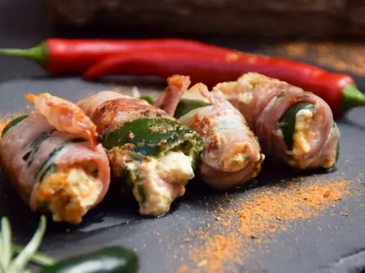 Gefüllte Jalapeños, umwickelt mit Speck, sind ein köstlicher Snack. Was sind Jalapeños? Kleine, grüne Chilis mit moderater Schärfe.
