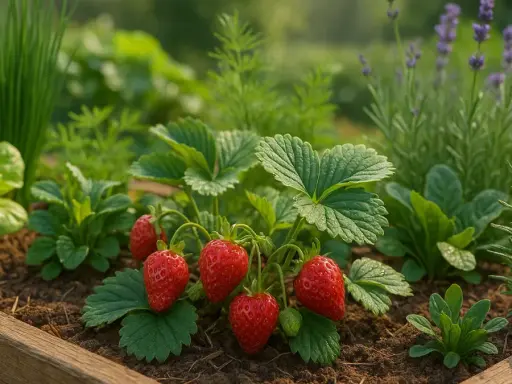 Reife Erdbeeren im Beet, umgeben von Salat, Kräutern und Lavendel. Was passt zu Erdbeeren? Vieles, aber am besten schmecken sie frisch vom Feld!