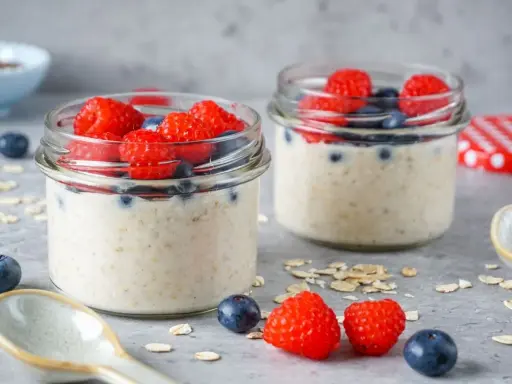 Zwei Gläser mit Overnight Oats, garniert mit frischen Himbeeren und Blaubeeren. Perfekt für ein leckeres, low carb Frühstück.