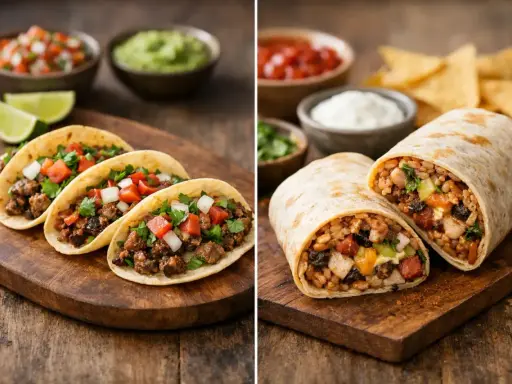 Links: Tacos mit Hackfleisch, Tomaten, Zwiebeln und Koriander. Rechts: Ein Burrito, gefüllt mit Reis, Bohnen und Fleisch. Der fajitas burrito unterschied ist klar.