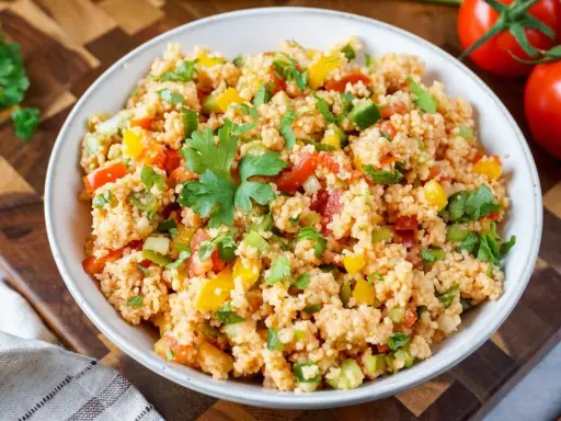 Frischer Couscous-Salat mit Tomaten, Paprika und Petersilie, garniert mit einem Petersilienblatt.
