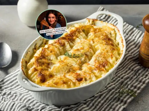 Herzhaftes Kartoffelgratin aus rohen Kartoffeln, goldbraun gebacken. Perfekt für schnelle Küche, wie Vivi zeigt.