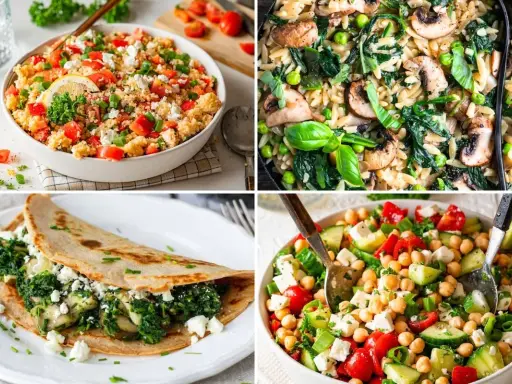 Vier leckere Gerichte: Couscous-Salat, Nudelpfanne mit Pilzen, gefüllter Crêpe und Kichererbsensalat. Was koche ich heute?