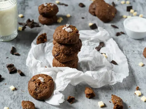 Gestapelte triple chocolate cookies mit Meersalzflocken, umgeben von Schokoladenstückchen und einem Glas Milch.