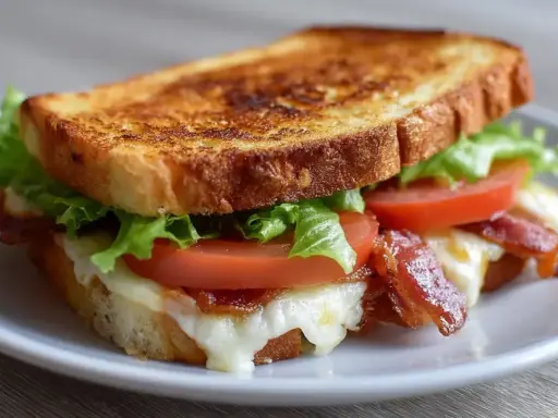 Knuspriges Sandwich im Airfryer mit geschmolzenem Käse, knackigem Speck, frischem Salat und Tomaten. Perfekt für eine schnelle Mahlzeit!