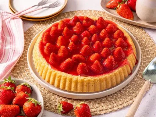Ein köstlicher Erdbeerkuchen mit einem goldbraunen Boden, bedeckt mit frischen Erdbeeren und Gelee. Perfekt für ein Erdbeerboden Rezept!