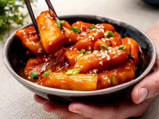 Tteokbokki in einer Schüssel, garniert mit Frühlingszwiebeln und Sesam. Diese tollen Rezepte sind ein Genuss!