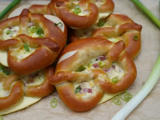 Herzhafte Snacks: Laugenbrezeln gefüllt mit Käse, Schinken und Frühlingszwiebeln. Schnell und einfach zubereitet für den kleinen Hunger zwischendurch.