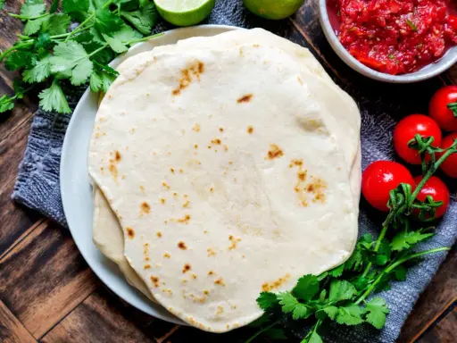 Frische Tortillas, perfekt für jedes Tortilla Rezept, mit Salsa, Tomaten und Koriander.