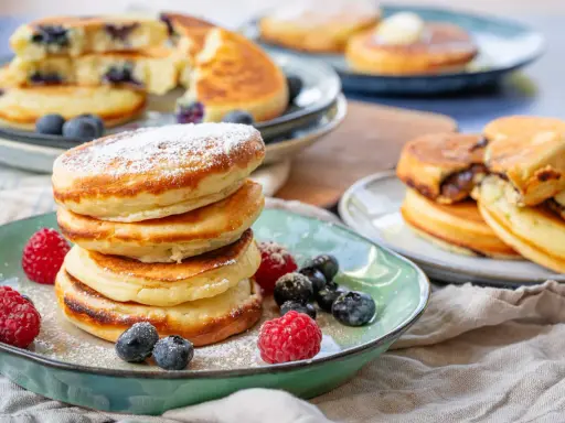 Fluffige Buttermilch Pancakes, mit Puderzucker bestäubt und garniert mit frischen Beeren. Ein Genuss für jeden Morgen!