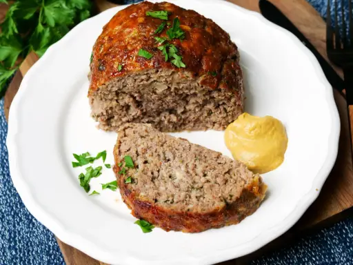 Saftiger hackbraten im ofen, auf einem Teller mit Senf und Petersilie garniert.