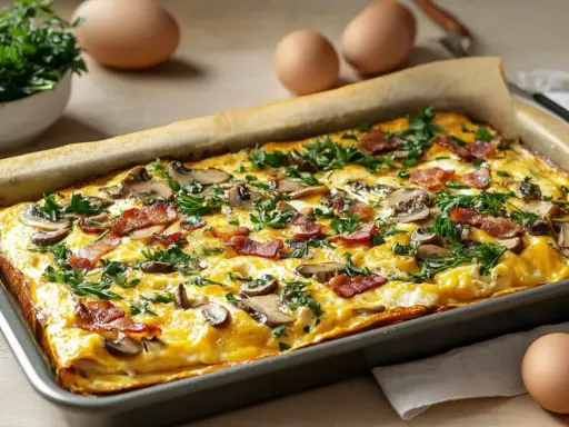 Herzhaftes Omelett auf dem Backblech mit Pilzen, Speck und Petersilie. Ein köstliches Gericht, das Lust auf mehr macht.